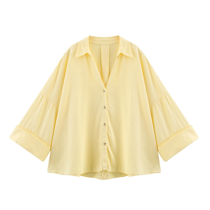 Casual All-matching Lapel Striped Wide Sleeve Shirt