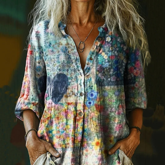 Women's Retro Pattern Print Casual Cotton Linen Shirt