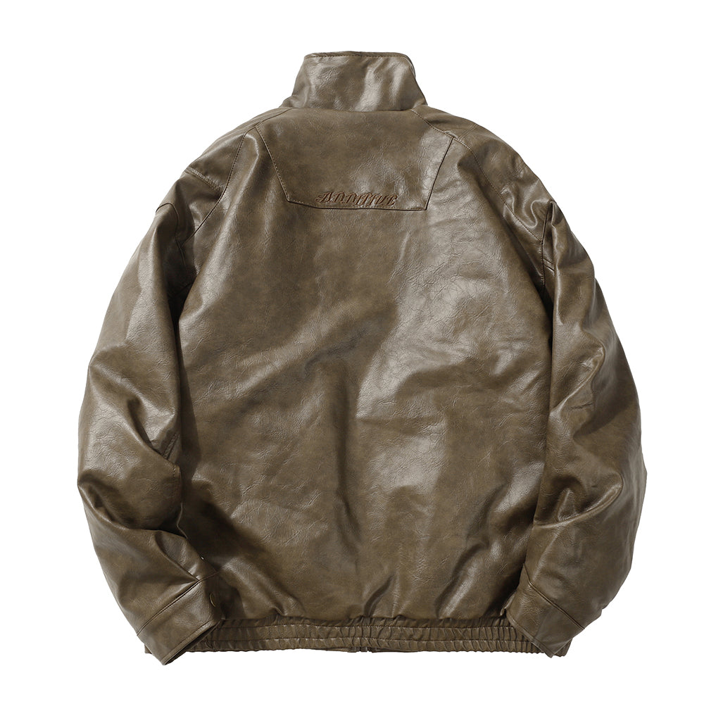 PU Leather Cotton Padded Coat Men's Rock Windproof Winter Stand Collar Loose
