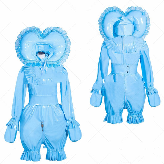 Sky Blue PVC Patent Leather Maid Cosplay Hooded Dress