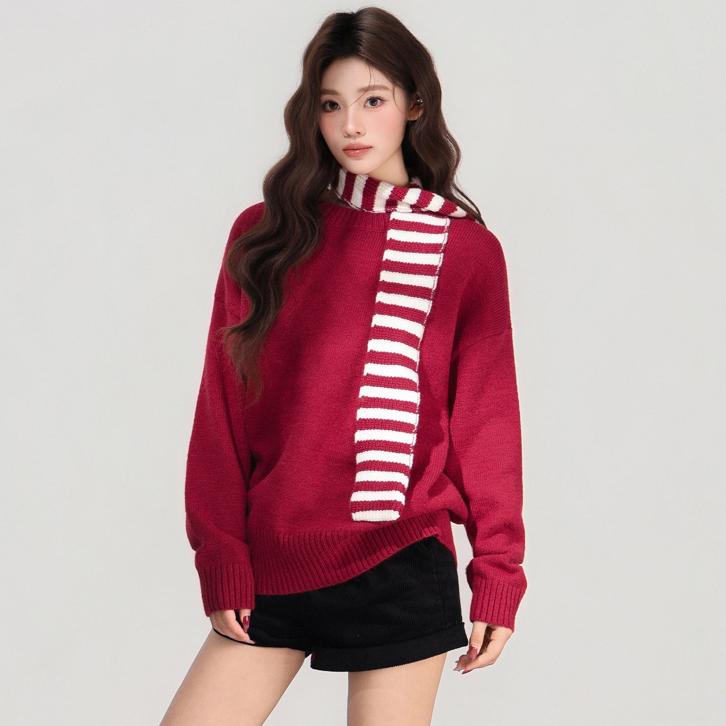 Striped Scarf Long Sleeve Coat Base Shirt Women