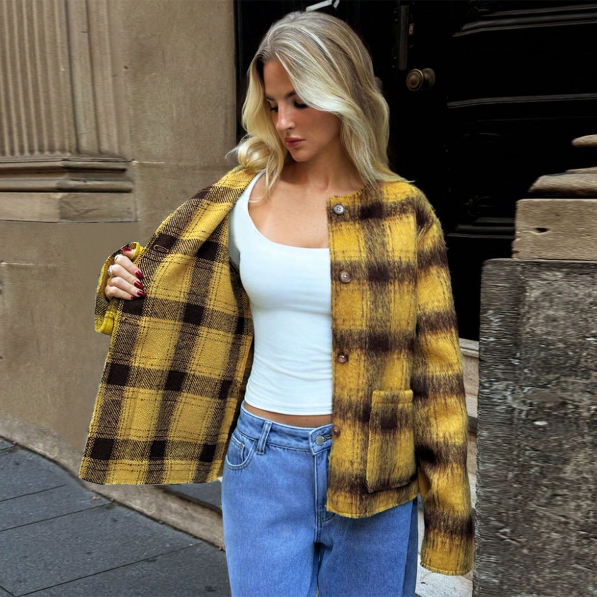 Women's Plaid Single-breasted Long Sleeve Round Neck Coat