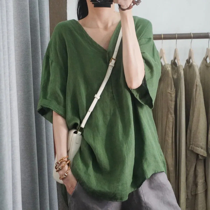 Half-sleeved Casual Loose-fitting Plus Size V-neck Top T-shirt With Short Sleeves