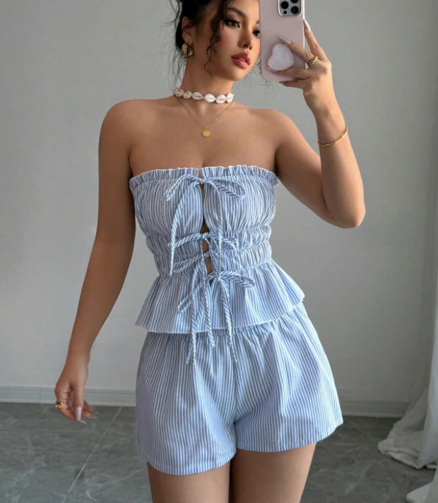 Striped Ruffled Midriff-baring Top Elastic-waist Shorts Two-piece Set
