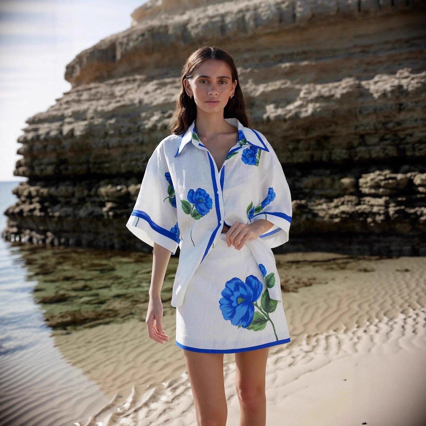 Casual And Stylish Linen Shirt And Sheath Skirt Set