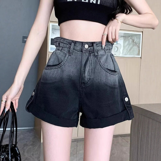 High-waisted Slimming Gradient-color Denim Shorts With Rolled Hems