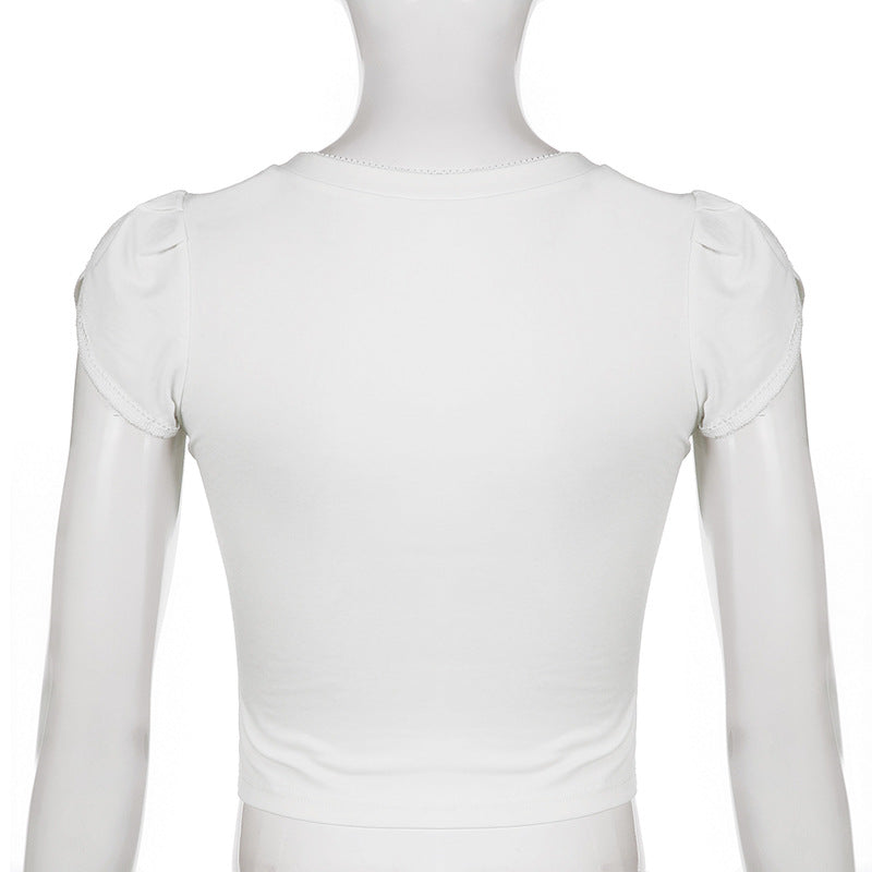 European And American Retro Print Slim Round Neck Cropped T Shirt Top