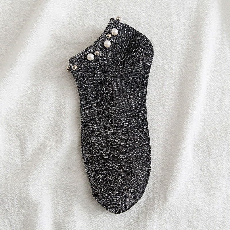 New Female Handmade Beaded Silver Silk Pearl Boat Socks