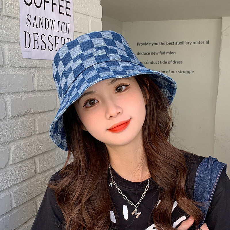 Dame plaid solskærm denim fiskerhat
