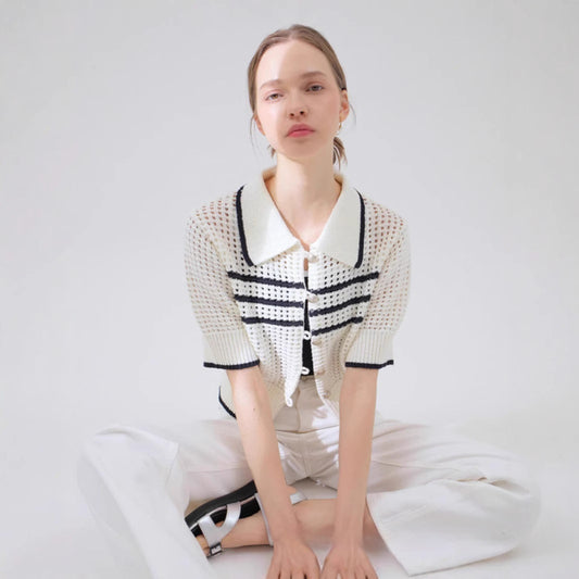Cardigan Short Sleeve Fit Lapel Fashion Striped Colors