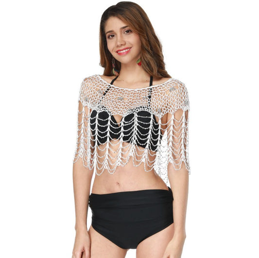 Bikini Beach Cover-up Handmade Crochet Shawl Cape See-through Tassel