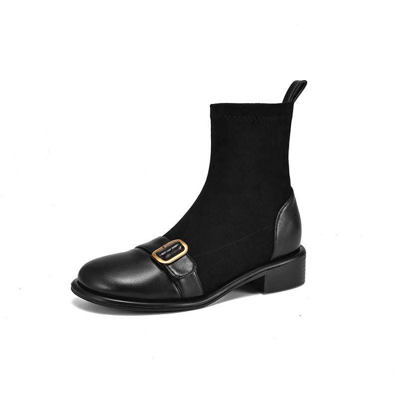 Casual Low Heel Martin Boots Belt Buckle Stitching Short Boots