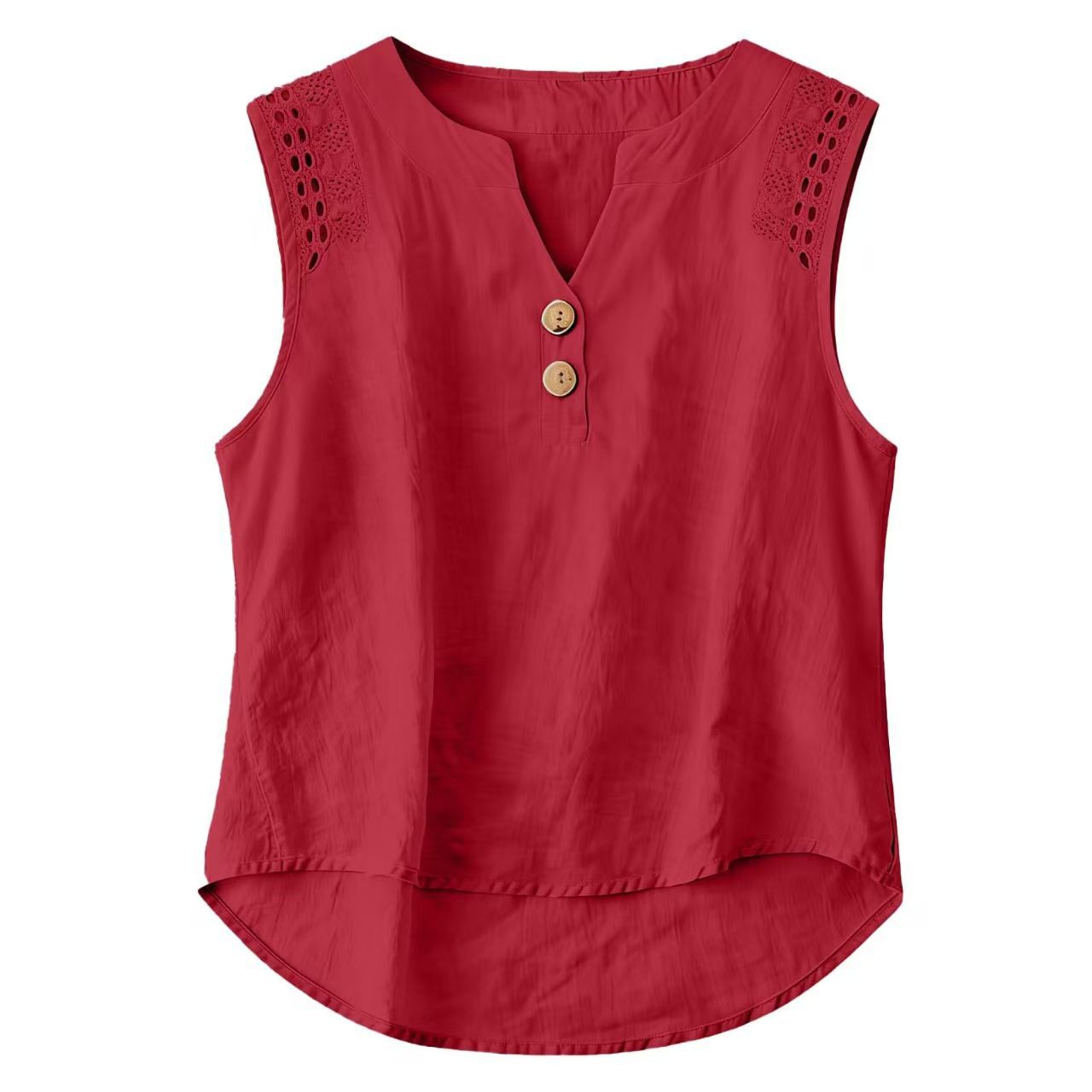 Solid-color V-neck Hollow-out Button Cotton-linen Short-sleeve Top Shirt
