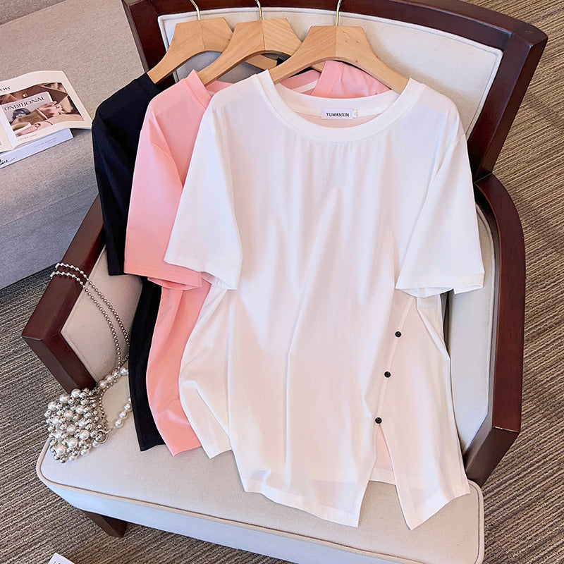 Round Neck New Plus-sized Plus Size Slimming Loose Mid-length Short Sleeve