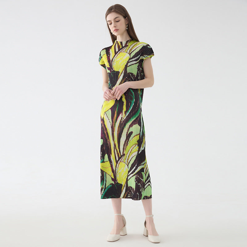 Flounced Sleeve Printed Pleated Dress