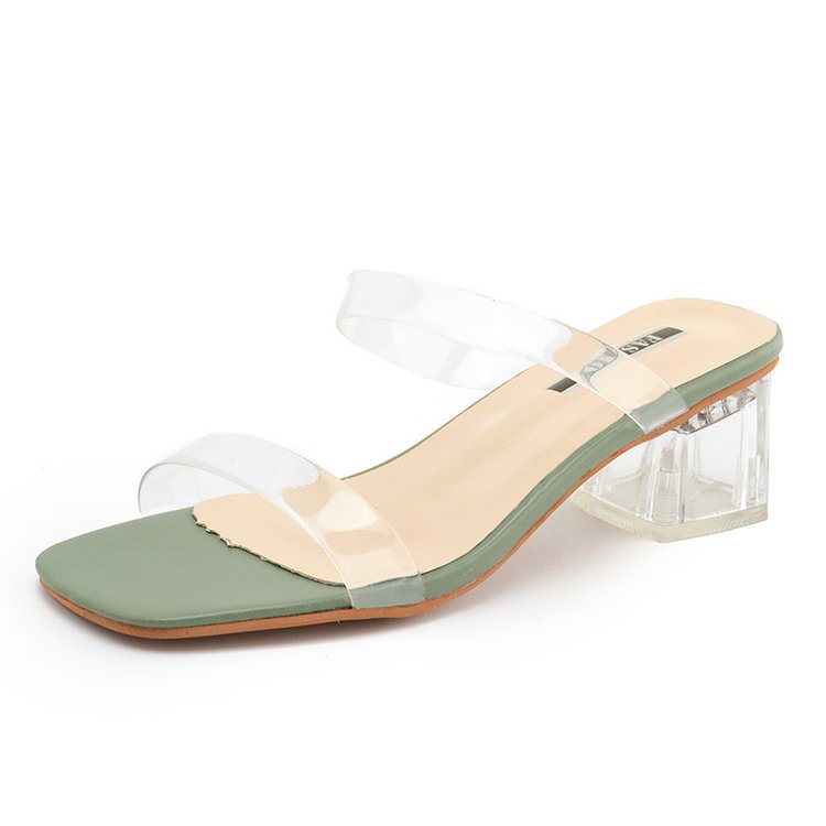 One-word Transparent Sandals And Slippers Women's Crystal With Thick Heel