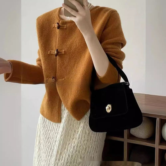 Round Neck Gentle Temperament Horn Button Sweater Coat