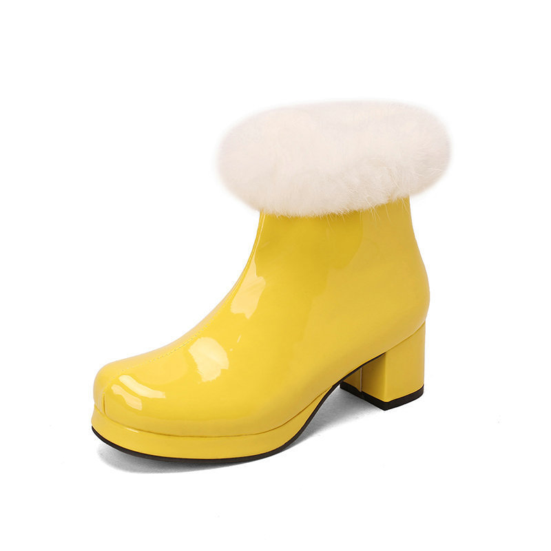 Womens Short Boots For Fall Winter Patent Leather Chunky Heel