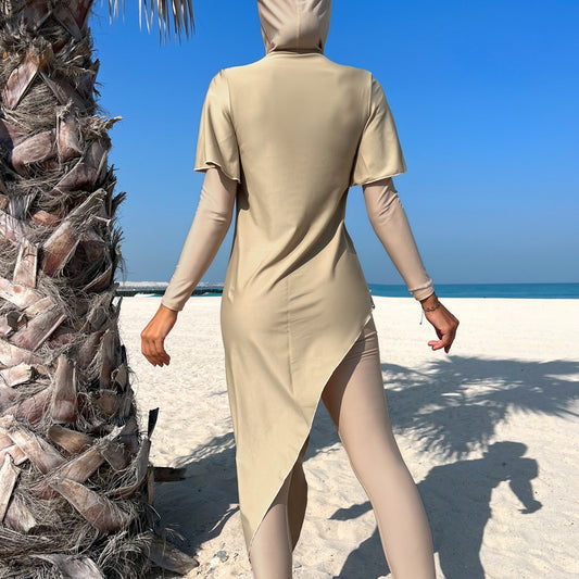 Solid-color Long-sleeve Long-pants Sun-protective Beach Swimsuit Three-piece Set