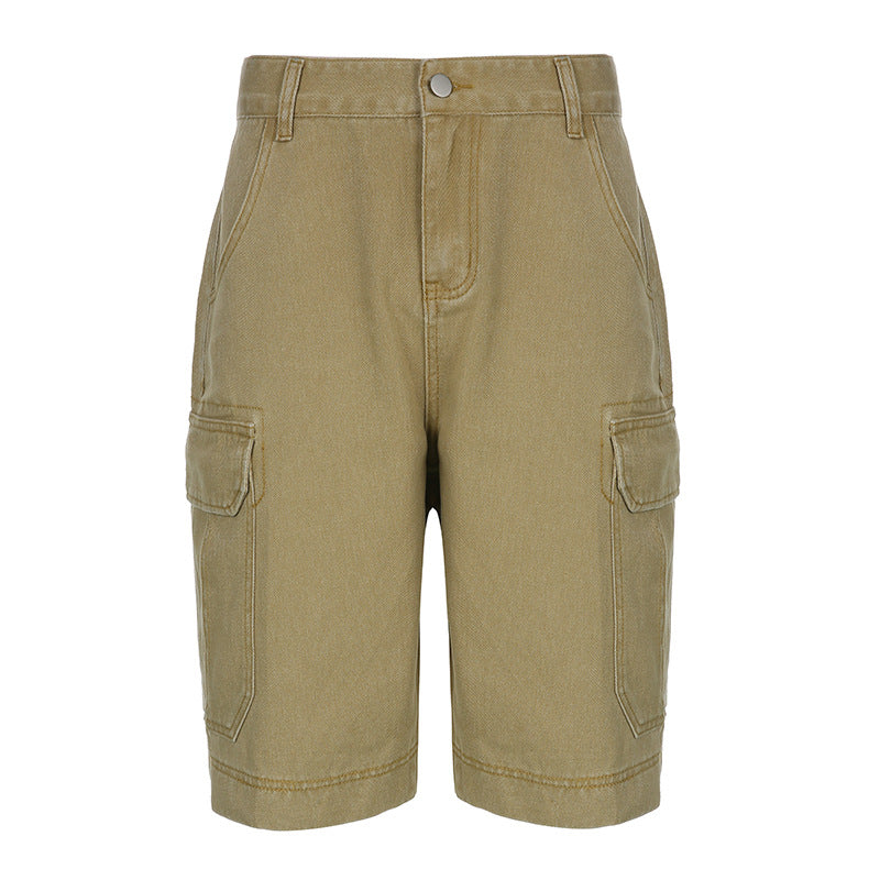 Workwear Retro High Waist Multi-pocket Denim Casual Five-point Pants