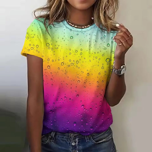 Women's Casual Short-sleeved Round Neck Colorful Water Drop 3D Printed T-shirt
