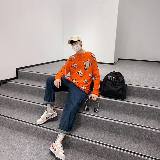 Løs Strikket Pullover Sweater til Mænd med Due-Jacquardmønster