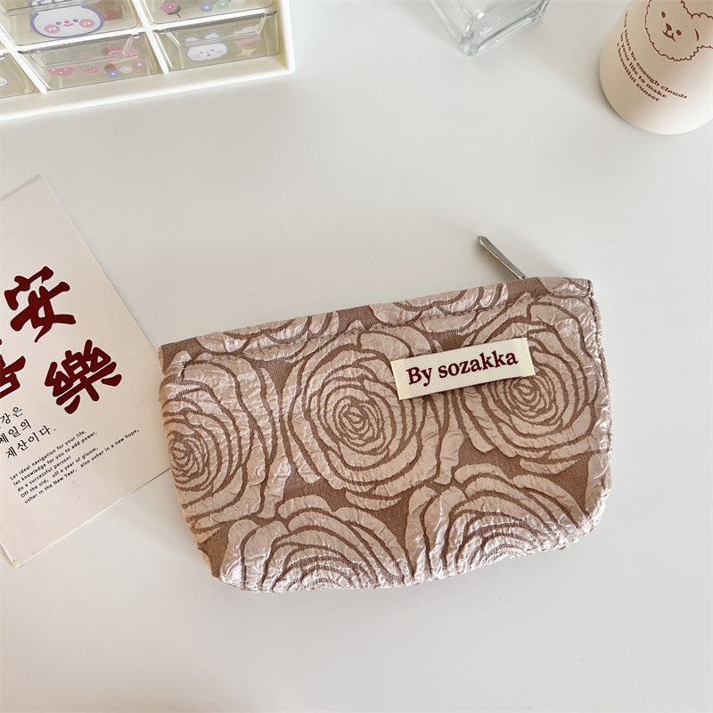 French Relief Flower Makeup Simple Portable Handbag Casual Mobile Phone Handheld Bag