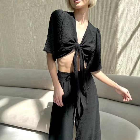 Fashionable Strappy Deep-V Top And Wide-Leg Pants Two-Piece Set