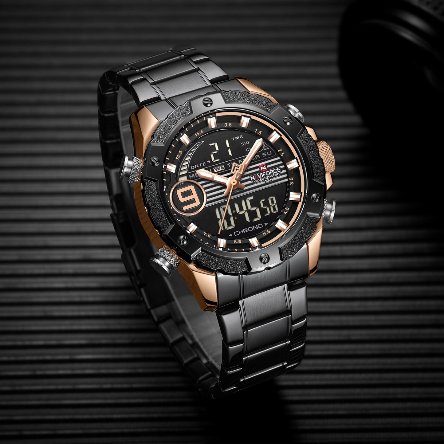 NAVIFORCE Lingxiang 9146 Steel Band Watch Dual Movement Electronic Watch Sports Steel Band Men's Watch