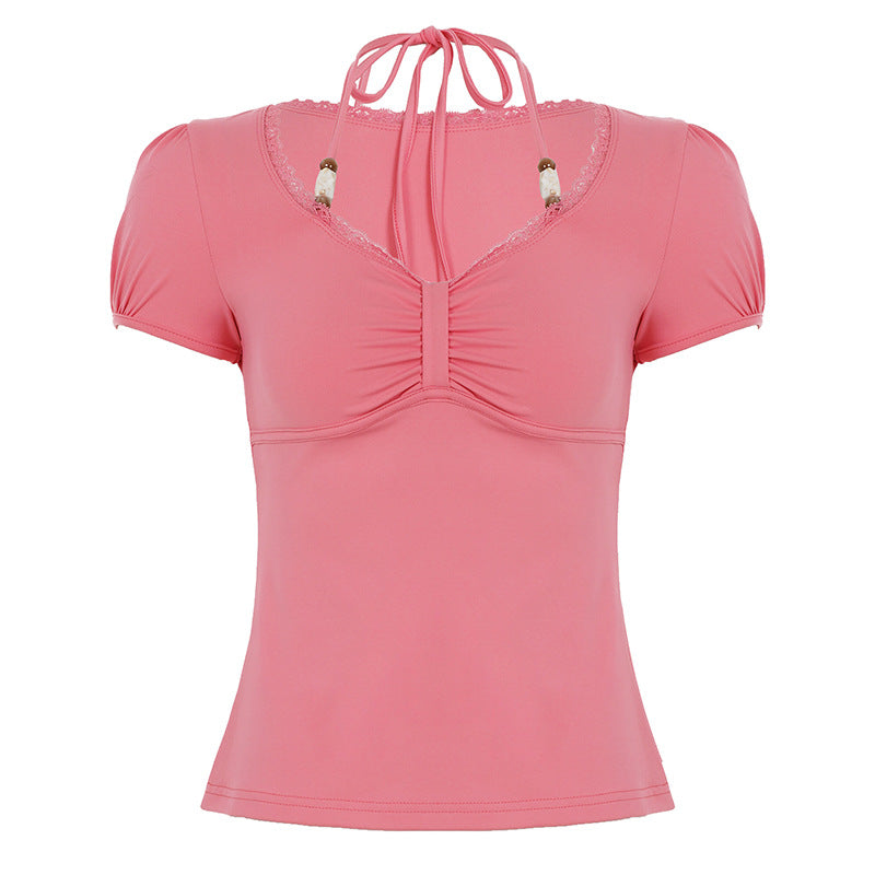 Retro Slimming Beaded Short-sleeve Top For Girls