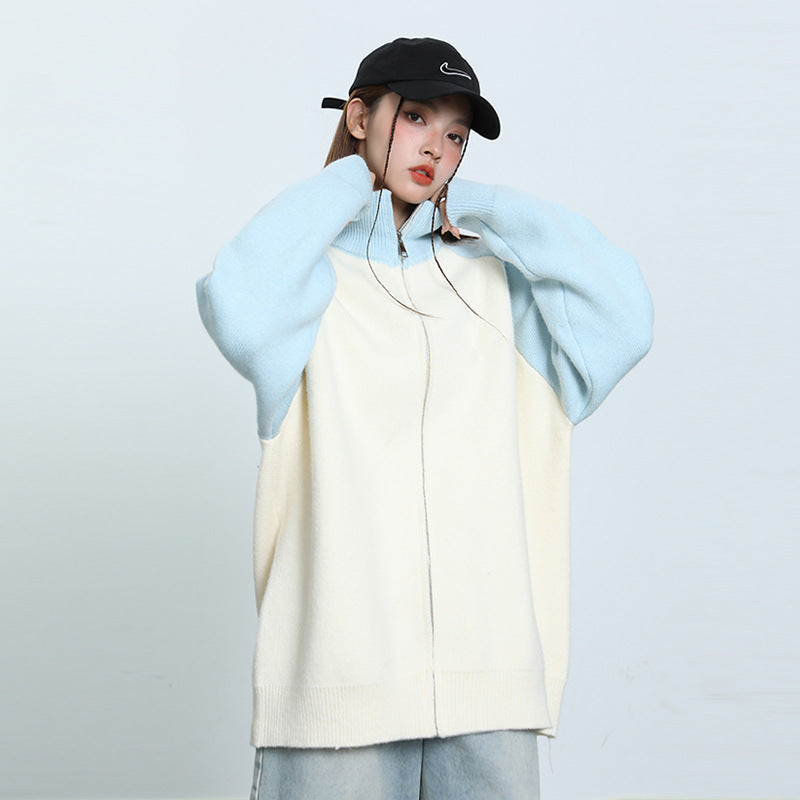 Japanese-style Retro Gray Black Stand Collar Zipper Contrast Color Coat