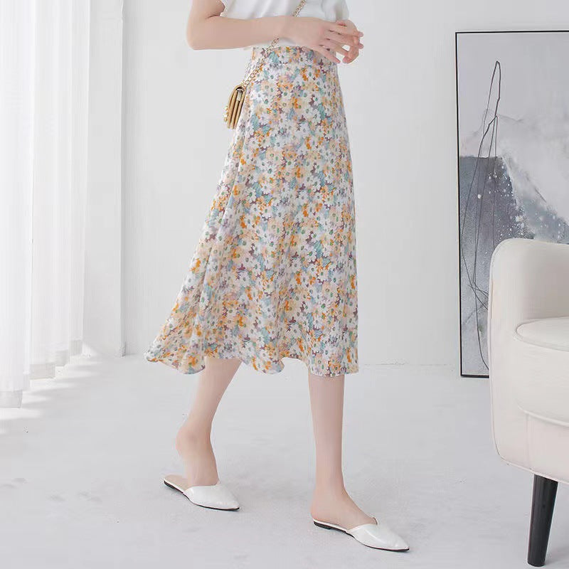 Floral Skirt High Waist Chiffon Printed Mid-length