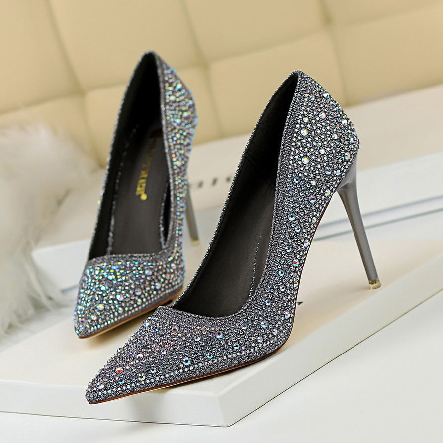 Spidse Sexede Slankende Rhinestone Farvede Diamant Højhælede Sko