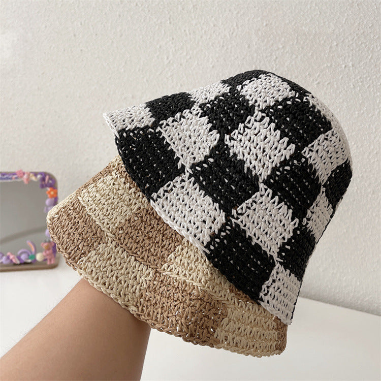Checkerboard Plaid Coarse Wool Knitted Fisherman Hat Handmade For Women