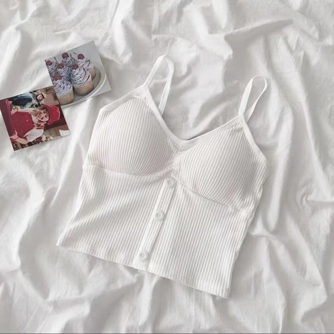 Button Solid Color Camisole Cotton Vest Girl