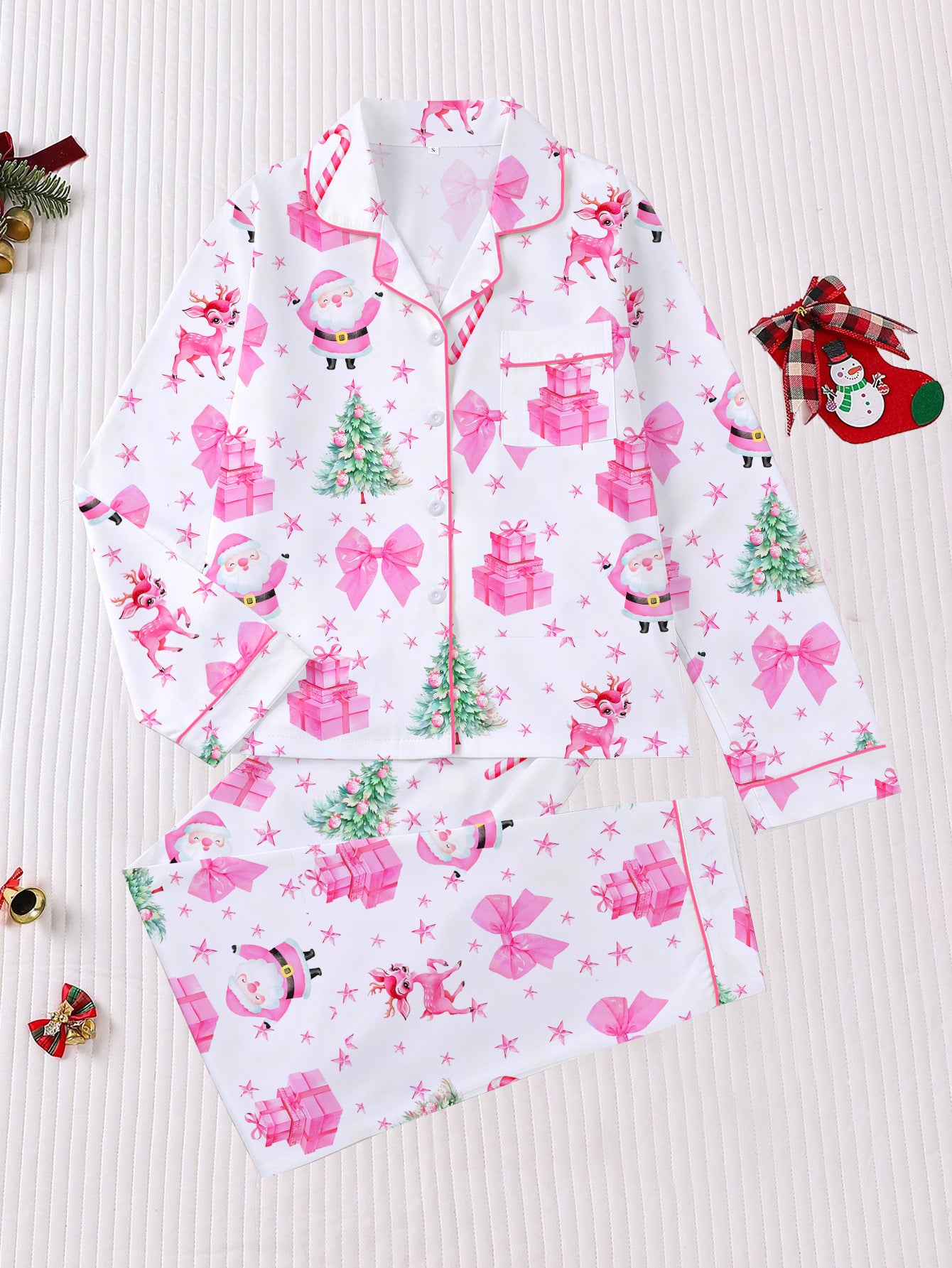 Women's Pajamas Four Seasons Christmas Printing Lapel Long Sleeve