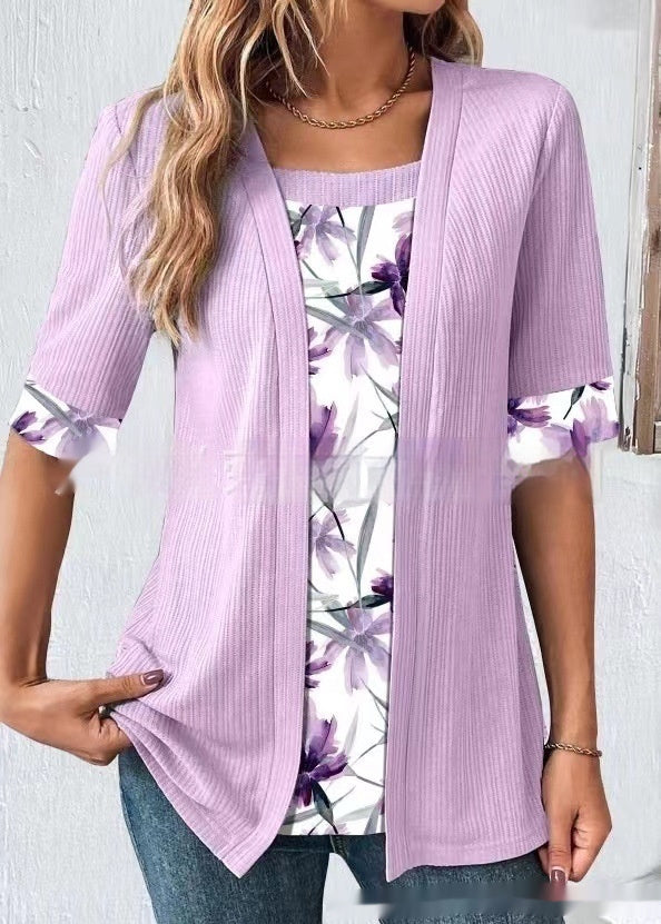 Women's Fake Two Pieces Short Sleeve Printed Top T-shirt