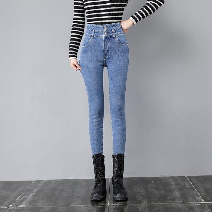 Fleece-lined Thick High Waist Pencil Pants High Elastic Slim Denim Skinny Pants Women