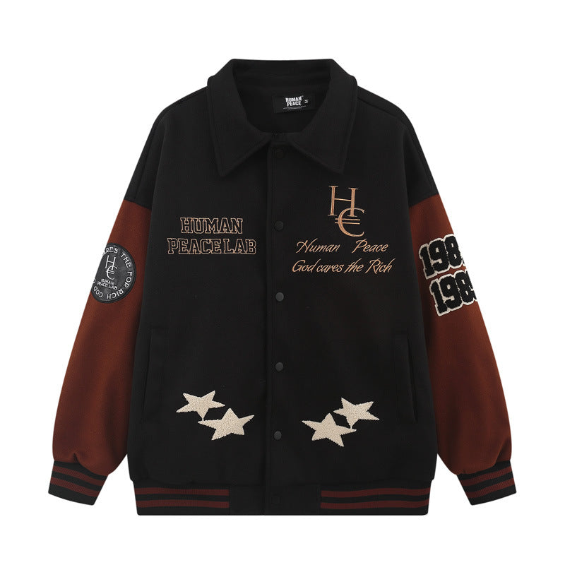 American Retro Street Trend Wool Embroidered Cardigan Baseball Jacket