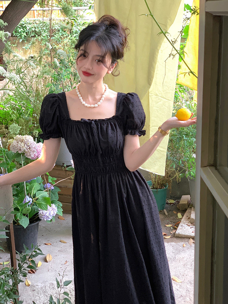 French Court Style Square Neck Bubble Sleeved Dress