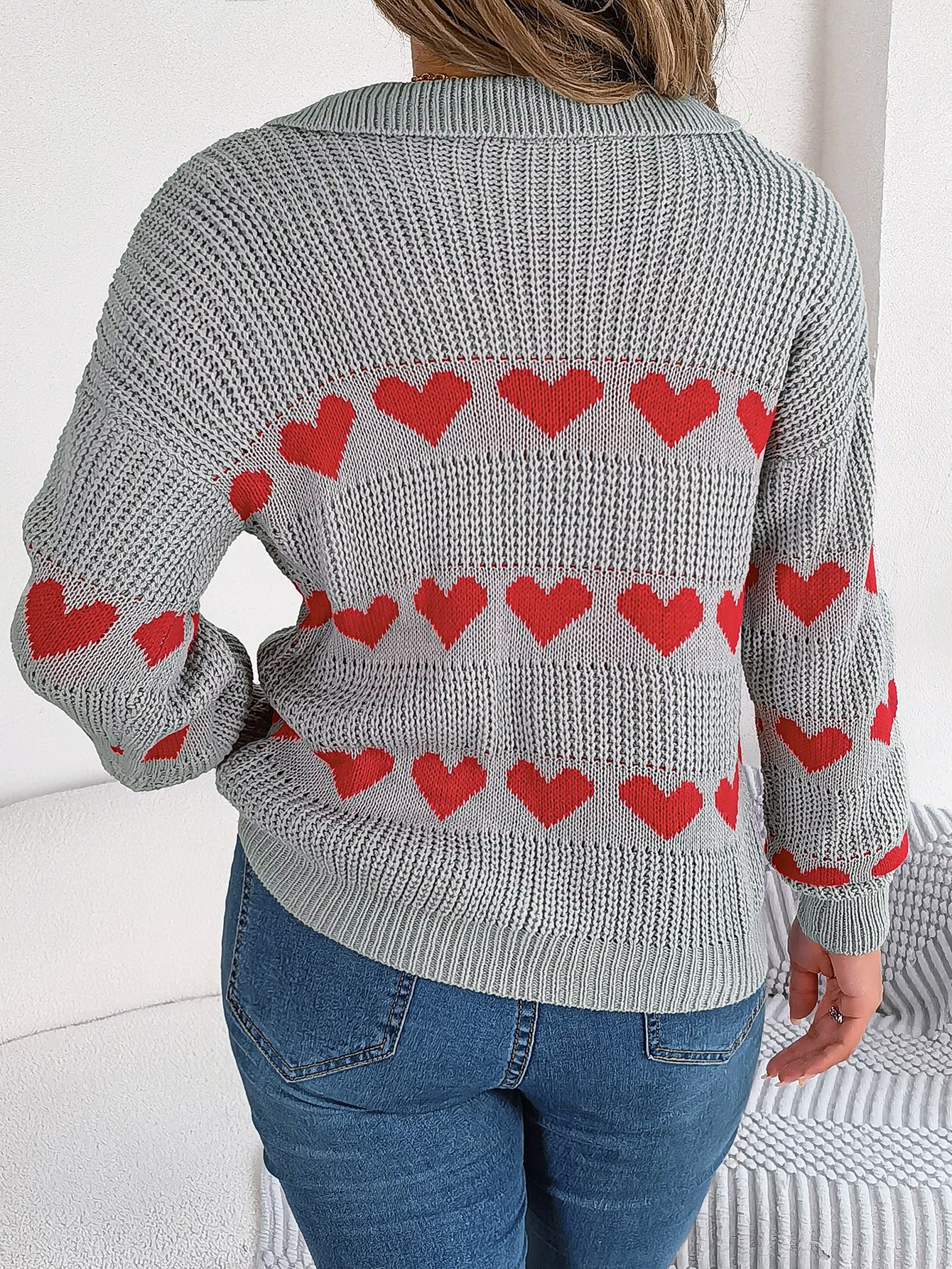Women Casual V-Neck Lantern Sleeve Color Block Heart Pullover Sweater