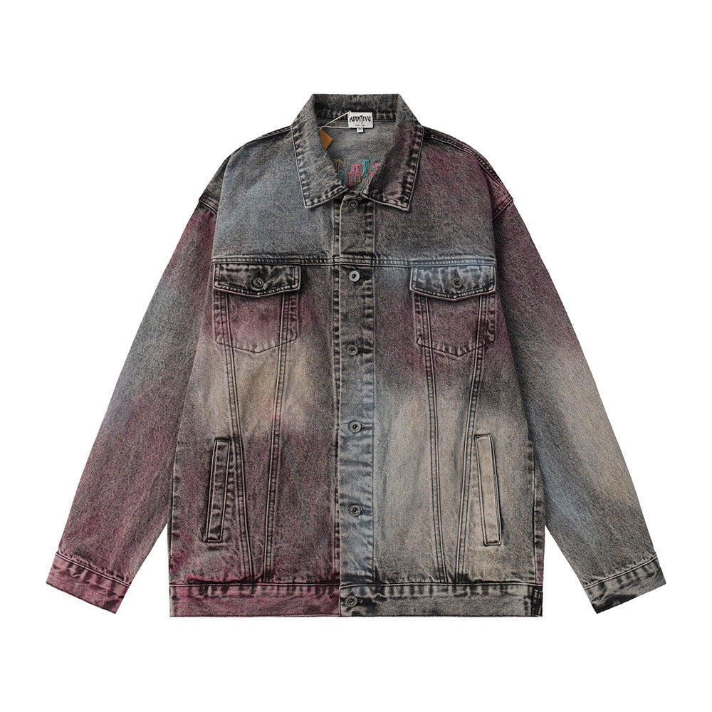 Colored String Spray Embroidery Denim Coat Tie-dyed Washed And Worn Loose