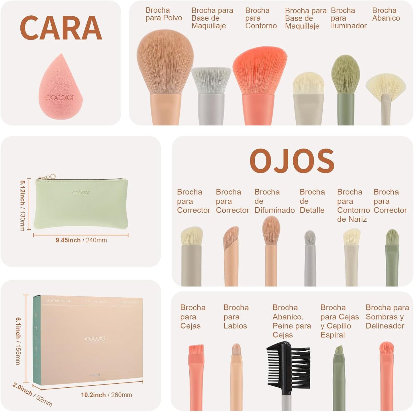 Docolor Juego De Brochas De Maquillaje Profesional 17 Piezas, Kit Completo Color Morandi Con Bolsa De Viaje, Esponja Y Guía De Uso, Pinceles De Maquillaje Premium Synthetic Para Cara Y Ojos, Rubor