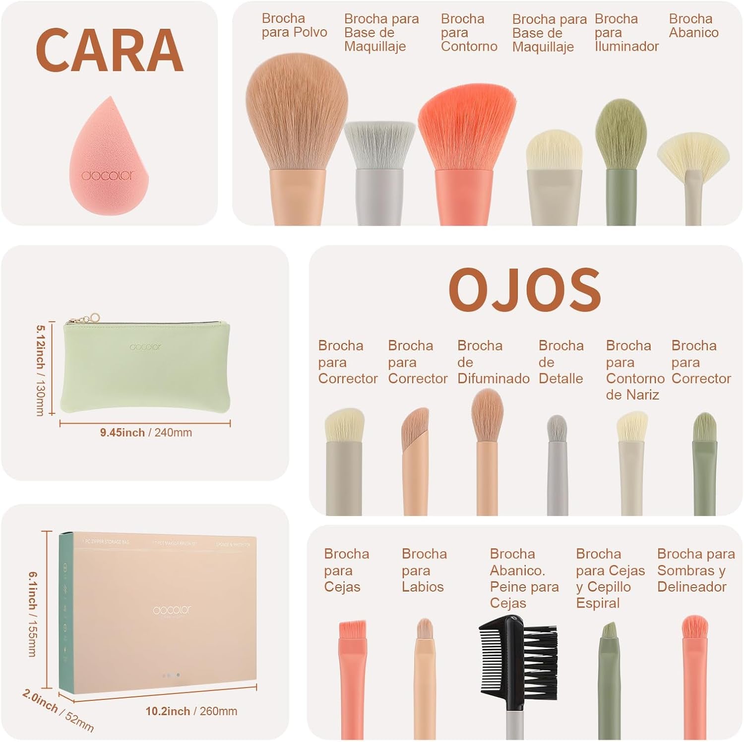 Docolor Juego De Brochas De Maquillaje Profesional 17 Piezas, Kit Completo Color Morandi Con Bolsa De Viaje, Esponja Y Guía De Uso, Pinceles De Maquillaje Premium Synthetic Para Cara Y Ojos, Rubor