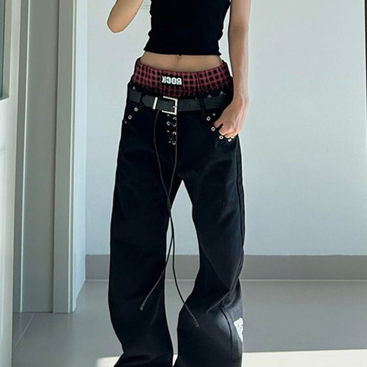 Retro Drawstring Babe Color-blocking Double Waistband Patchwork Print Curved Pants