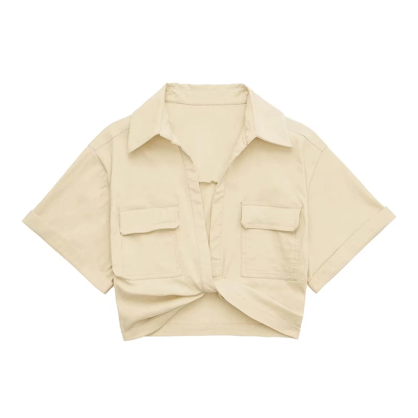 Solid Color Versatile Knot Embellishment Double Pocket Short Sleeved Shirt