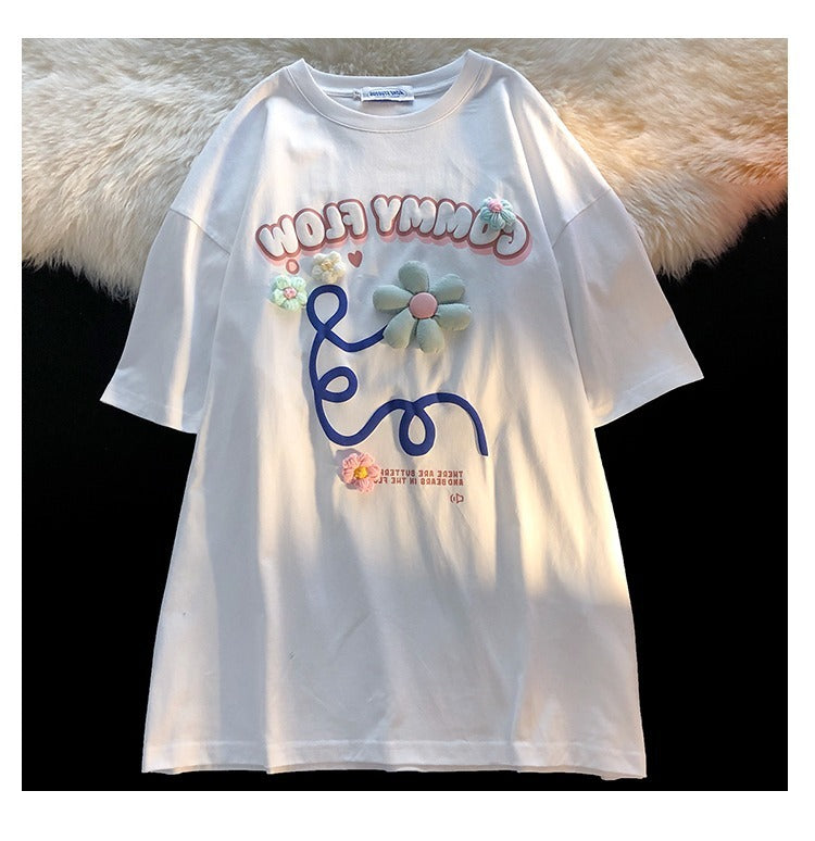 Women's Floral Letter Foam Print Short Sleeve T-shirt