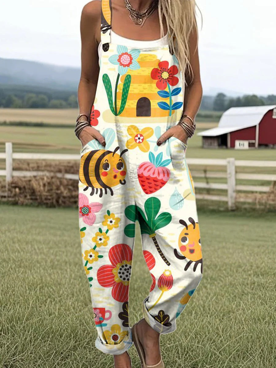 Women's Summer Digital Printing Button Casual Suspender Trousers
