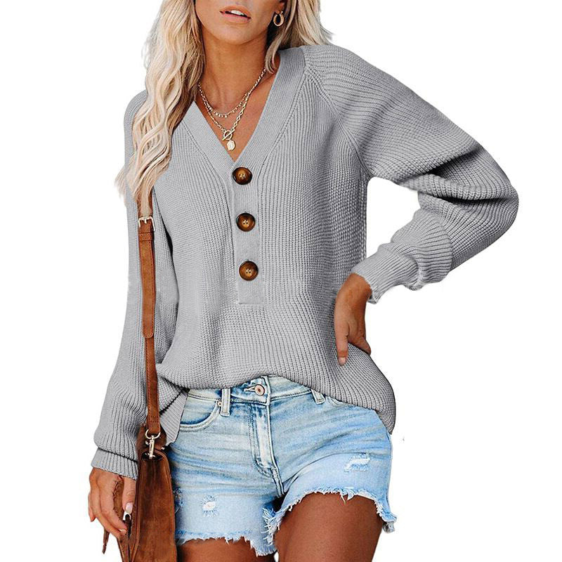Ny knap Ny strikket V-hals-sweater til damer