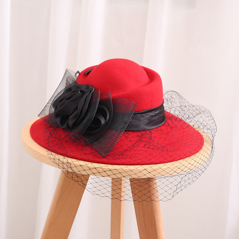 Large Eaves Wool Felt Wool Hat Autumn And Winter Banquet Ladies Warm Mesh Yarn